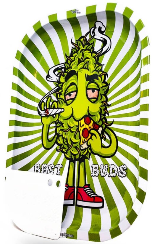 Best Buds Pizza Large Metal Rolling Tray with Magnetic Grinder Card