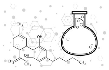 Ilustração que laboratório de cânhamo onde são criados 10-OH-HHC, a fórmula química do CBD e um copo.