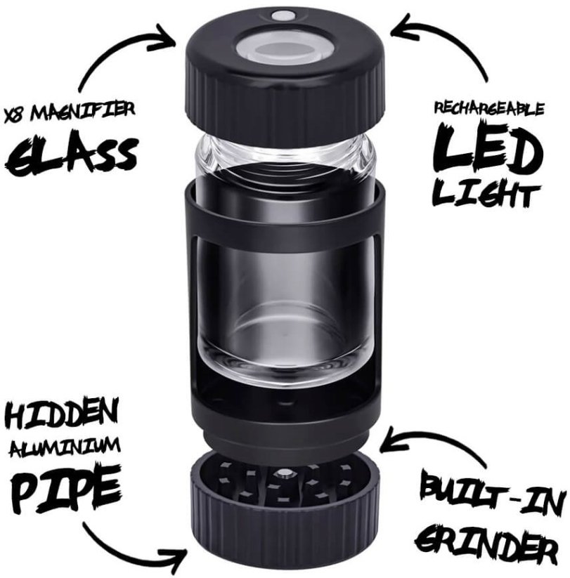 Best Buds Zwart Vergrootglas met LED-lampje, Grinder en Aluminium Pijp