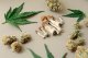 Getrocknete Psilocybe-Pilze, Cannabisknospen, Marihuana-Blätter 
