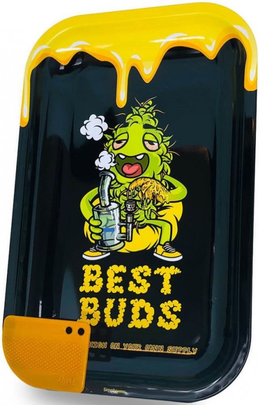 Best Buds Dab Large Metal Rolling Tray with Magnetic Grinder Card