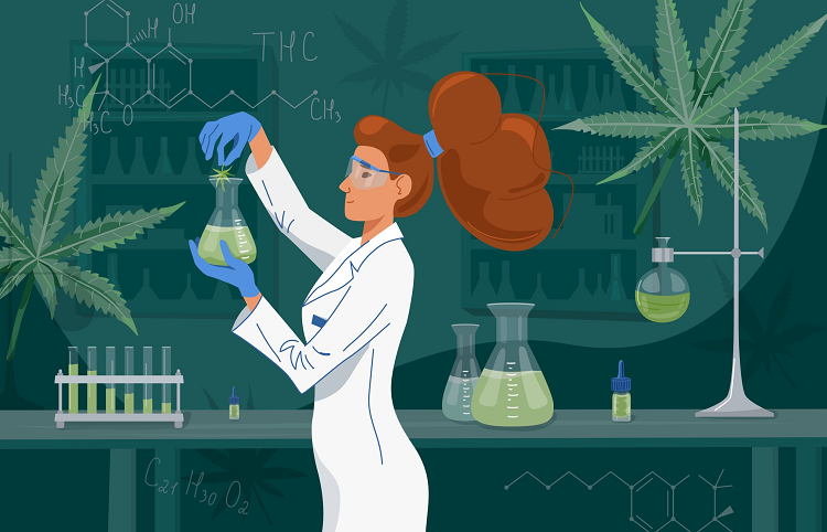 Ilustrovaný obrázek zobrazující vědkyni, která zkoumá sloučeninu HHCH.