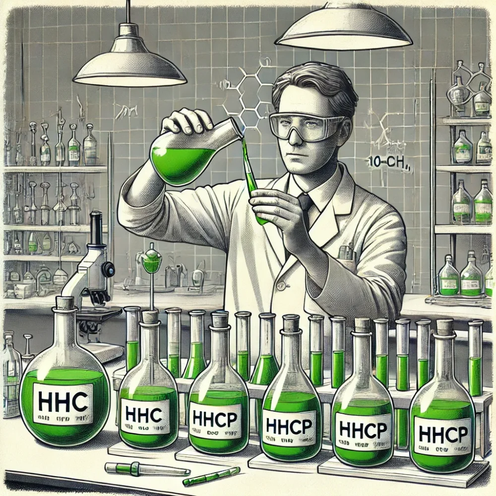 A scientist in the lab makes 10-OH-HHCP in front of him are vials of HHC liquid, HHCP, because 10-OH-HHCP is made from HHCP, which is a derivative of HHC